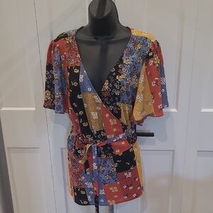 Colorful Floral Patchwork Wrap Blouse